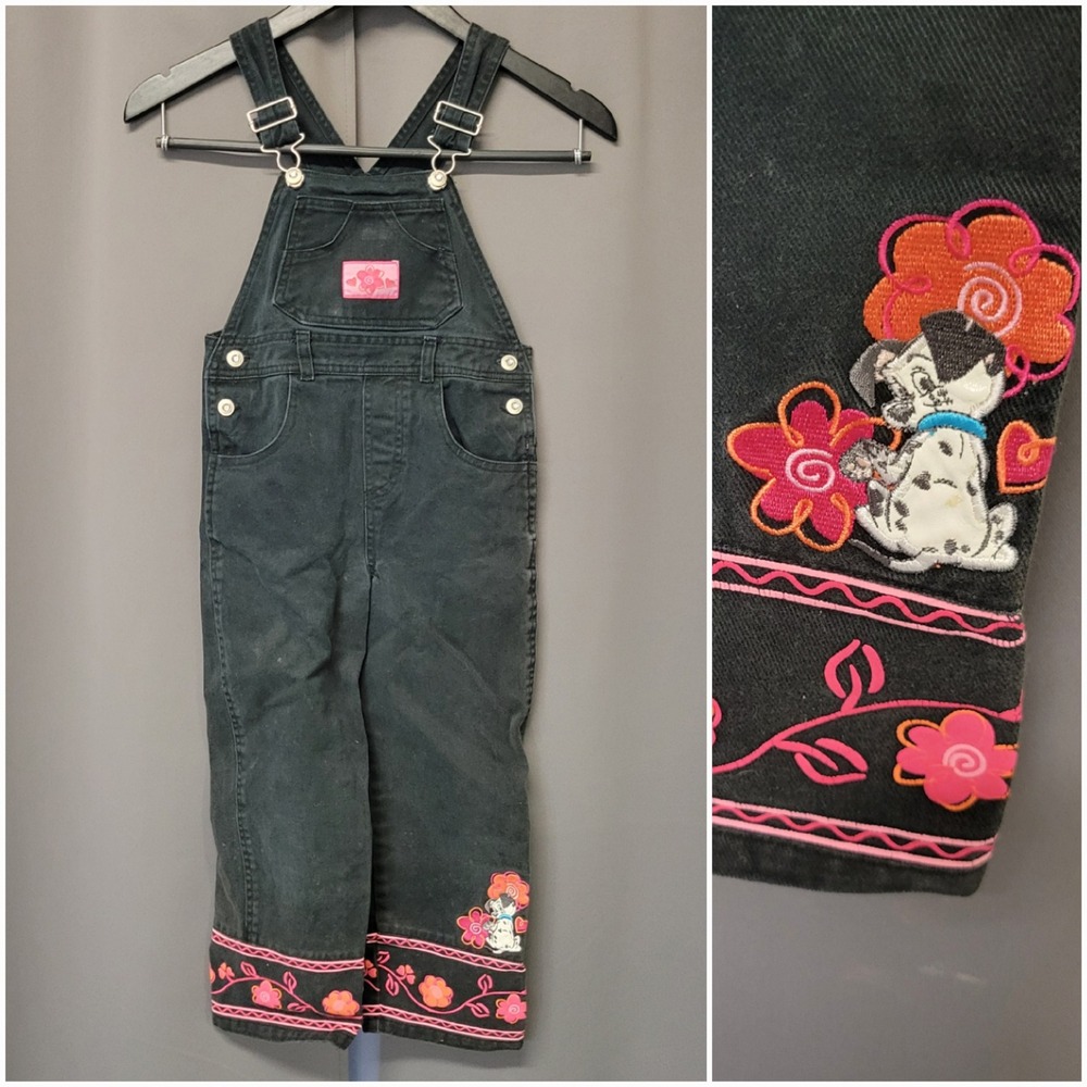 Vintage 90s Disney 102 Dalmatians Overalls Black Floral Embroidered Girls 6/6X